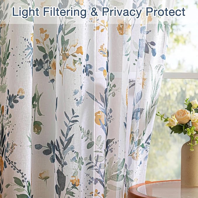 MYSKY HOME Yellow and Blue Floral Sheer Kitchen Curtains 45 Inch Length | Light - Image 4