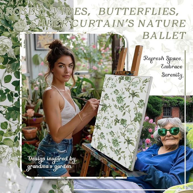 Sage Sheer Curtains 45 Inch Length 2 Panels Set Sheer, Leaf Patterned Linen - Image 3