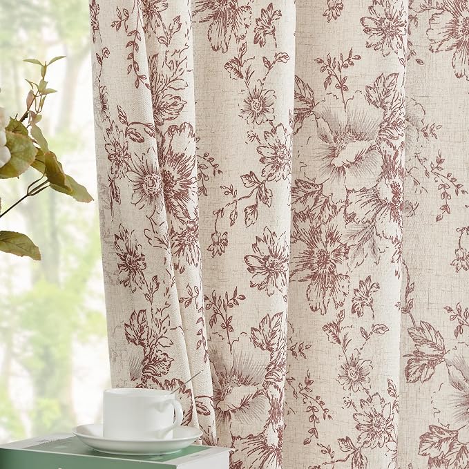 jinchan Red Floral Linen Curtains 96 Inch Farmhouse Back Tab 2 Panels | Light - Image 2