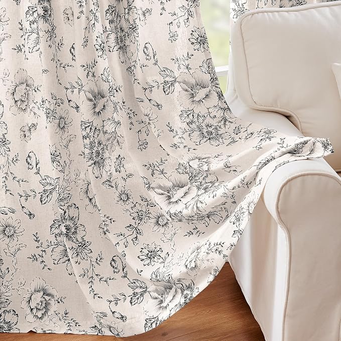 jinchan Black Floral Linen Curtains 63 Inch Vintage Back Tab 2 Panels | Light - Image 6