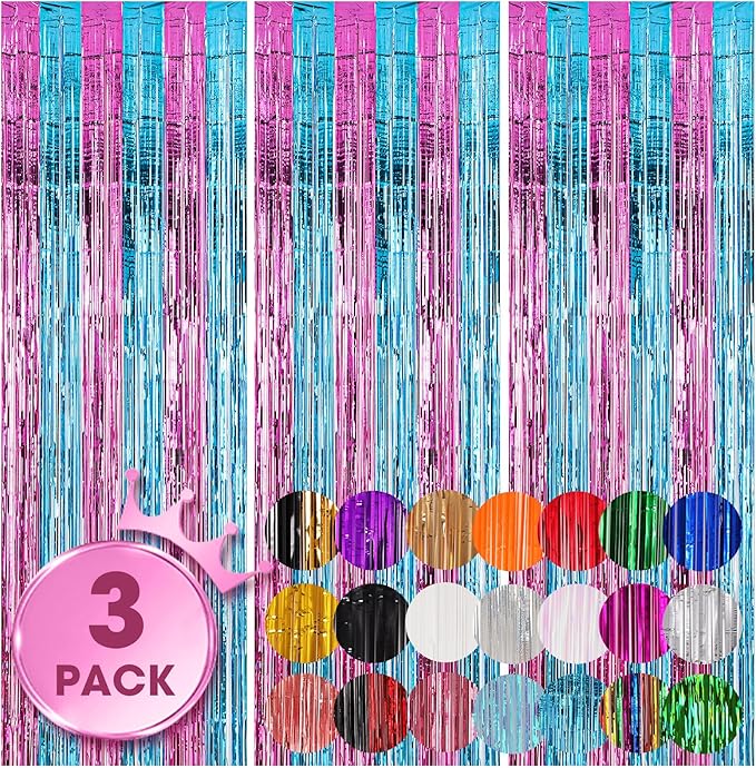 Voircoloria Blue Pink Foil Fringe Backdrop Curtains, 3 Pack | Tinsel Streamers by Voircoloria