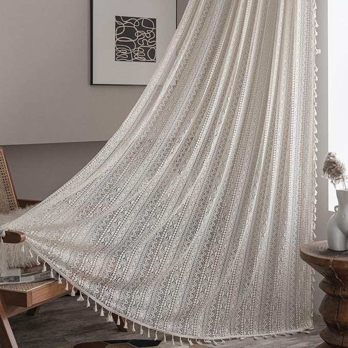 Sutuo Home Crochet Boho Curtain 96 Inches Length, Sheer Lace Handmade Tassels by SutuoHome