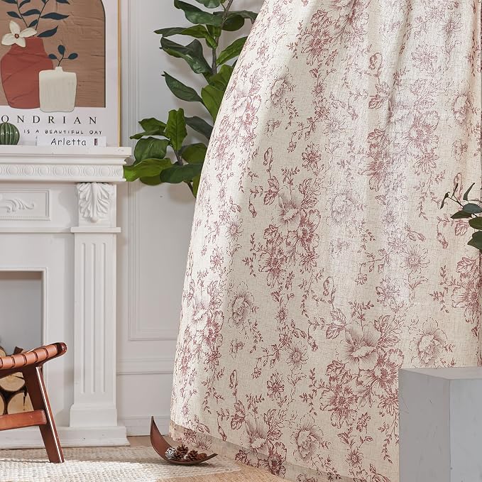 jinchan Red Floral Linen Curtains 84 Inch Farmhouse Back Tab 2 Panels | Light - Image 6