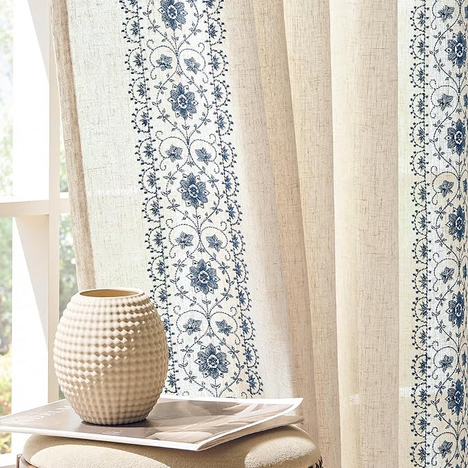jinchan Floral Linen Curtains Embroidered Back Tab 50x72in 2 Panels Blue | by JINCHAN