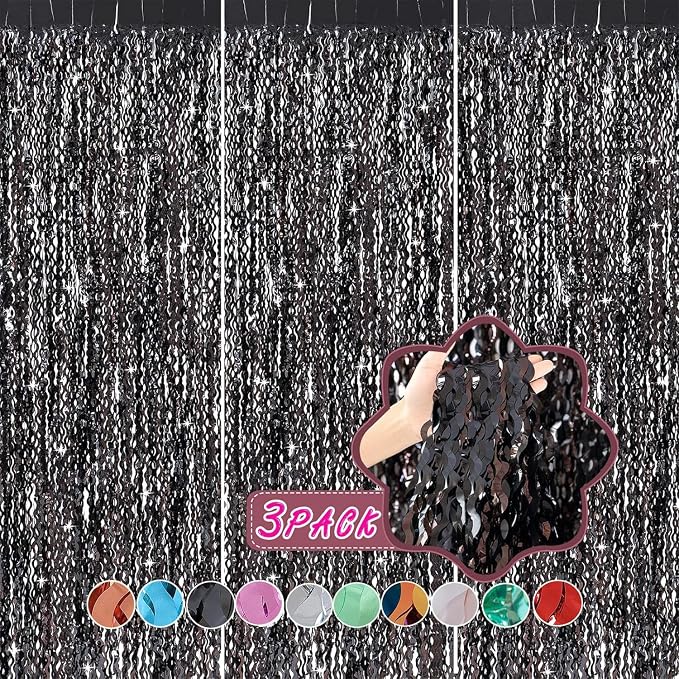 3 Pack New Years Decorations Wavy Black Tinsel Foil Fringe Curtains Party - Image 2