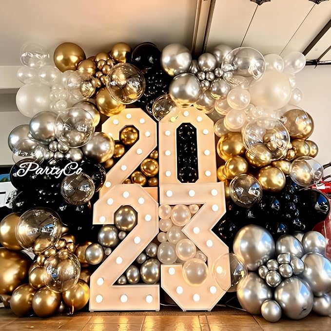 New Years Balloon Garland Arch Kit Black and Gold Explosion Star Balloons Black - Image 4