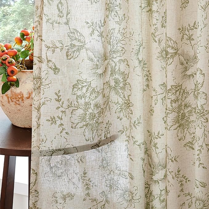 jinchan Green Floral Linen Curtains 54 Inch Vintage Back Tab 2 Panels | Light - Image 5
