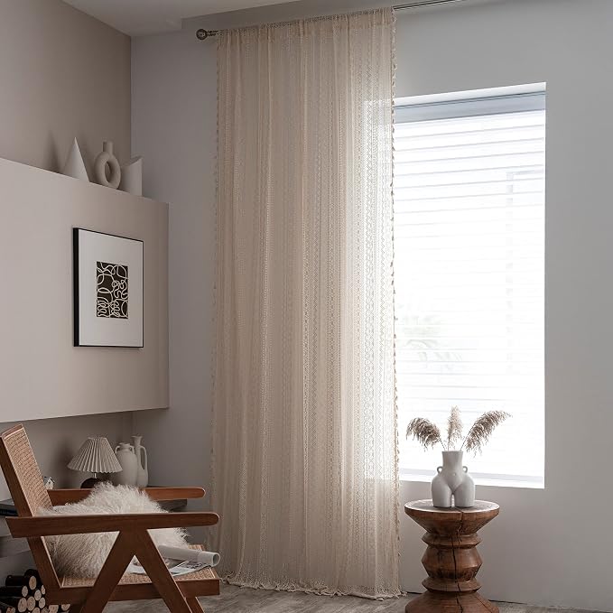 Sutuo Home Crochet Boho Curtain 96 Inches Length, Sheer Lace Handmade Tassels - Image 3