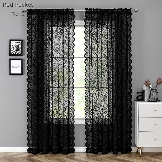 Bujasso Black Lace Sheer Curtains 108 inch Vintage Floral Sheer Window Curtain - Image 7