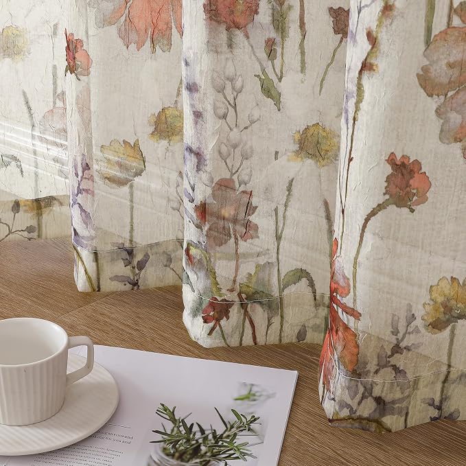 Crushed Sheer Cafe Curtains Kitchen Tiers 30 Inch Length 2 Panels, Printed - Image 7
