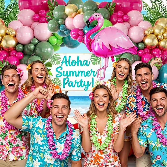 146Pcs Tropical Flamingo Balloon Arch Garland Kit, Hot Pink Dark Green Light - Image 6