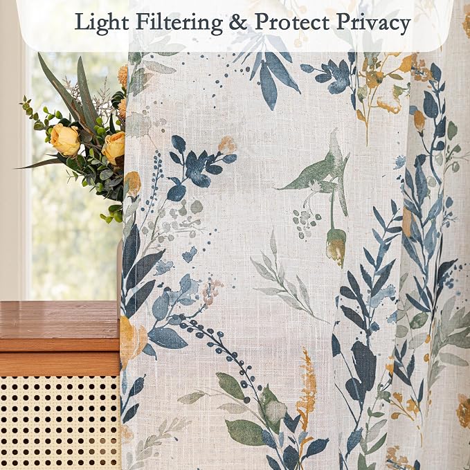 MYSKY HOME Linen Floral Kitchen Curtains 45 inch Length 2 Panels Set Over Sink - Image 3