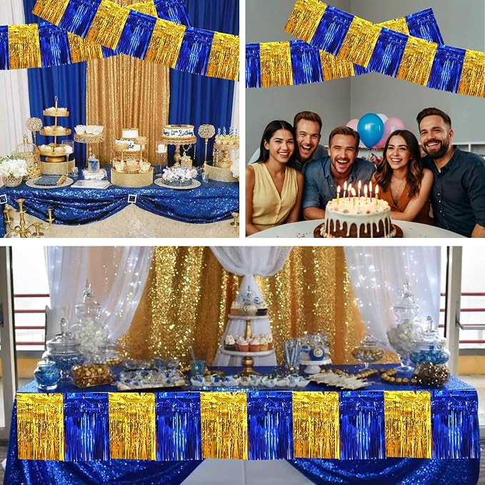 BEISHIDA Blue Gold Fringe Garland Banner 30ft Wall Tinsel Foil Streamers | 3Pack - Image 4