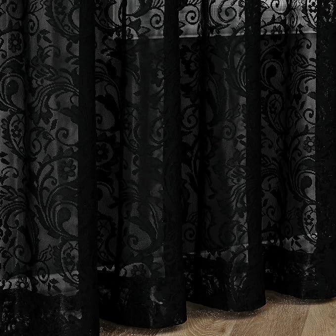 Bujasso Black Lace Pinch Pleat Curtains 90 inch, Gothic Vintage Floral Sheer - Image 6