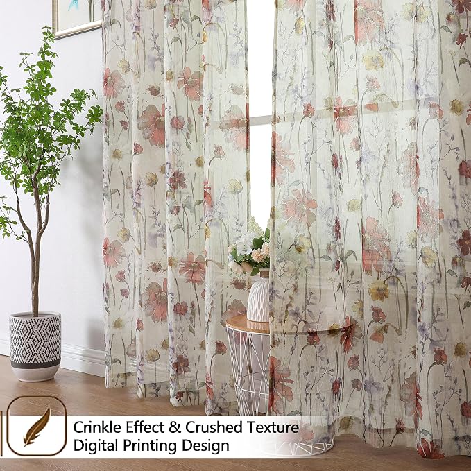 OWENIE Crushed Sheer Curtains 96 Inch Length 2 Panels Set, Sheer Floral - Image 5