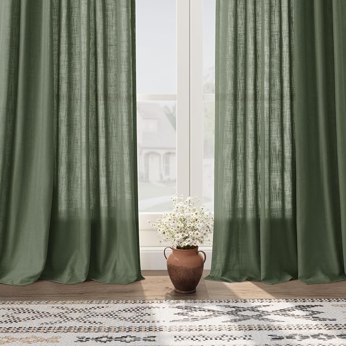 Olive Green Linen Blend Semi Sheer Curtains 102 Inches Long x 60 Inches Wide - Image 5