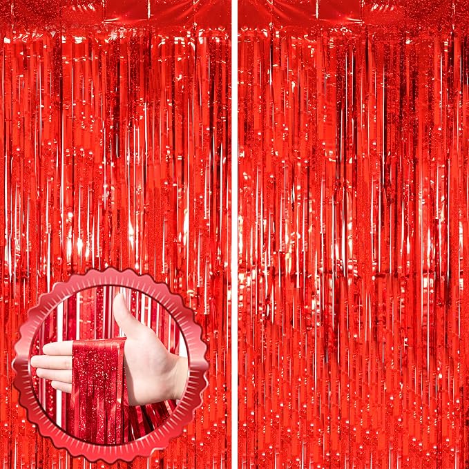 Voircoloria Laser Red Foil Fringe Backdrop Curtains, 2 Pack | Tinsel Streamers by Voircoloria