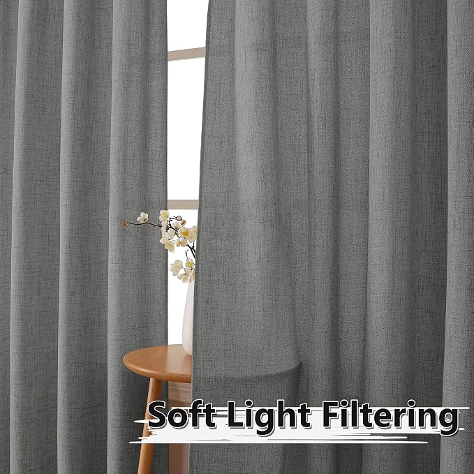 Tollpiz Linen Curtain Bedroom Rod Pocket Semi Sheer Curtains Burlap Light - Image 2