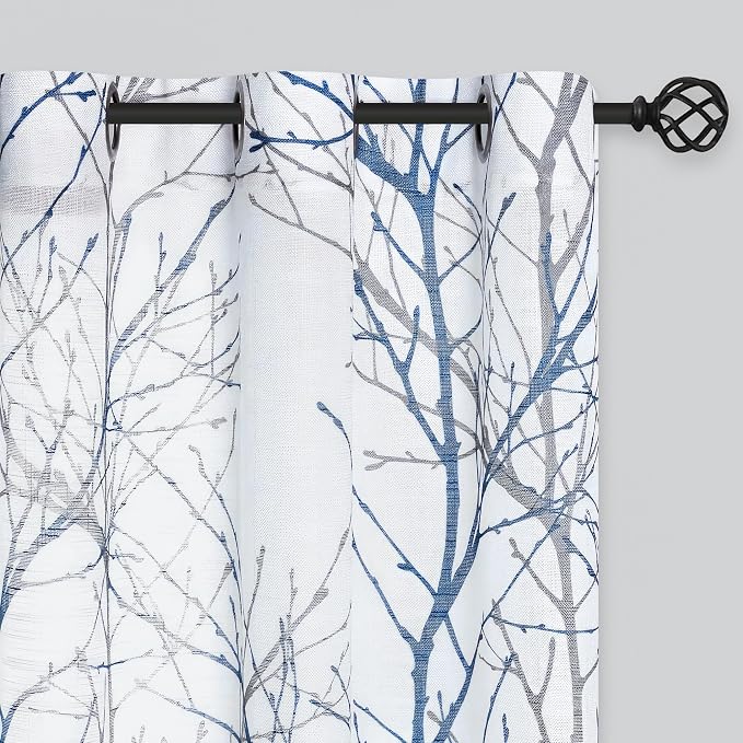 FMFUNCTEX Linen Blue White Semi Sheer Print Curtains 54 Inch Long 2 Panels | by Fmfunctex