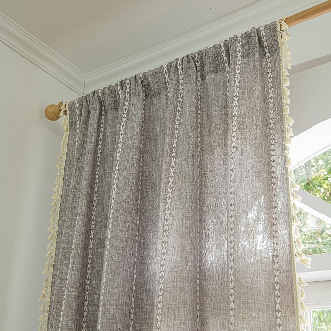 Sutuo Home Boho Curtains for Bedroom Living Room, Semi Blackout Linen Farmhouse - Image 3