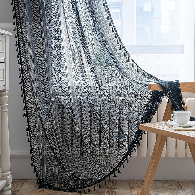 Sutuo Home Black Crochet Boho Curtain 63 Inches Length, Sheer Lace Handmade by SutuoHome