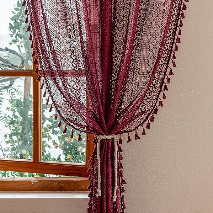 Sutuo Home Burgundy Boho Sheer Curtains 84 inches Long 2 Panels - Image 3