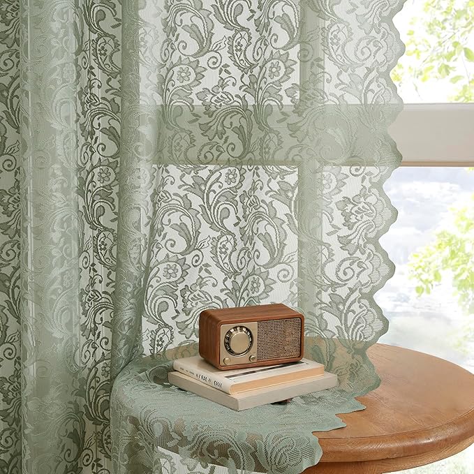 Bujasso Sage Green Lace Pinch Pleat Curtains 90 inch, Vintage Floral Sheer - Image 2