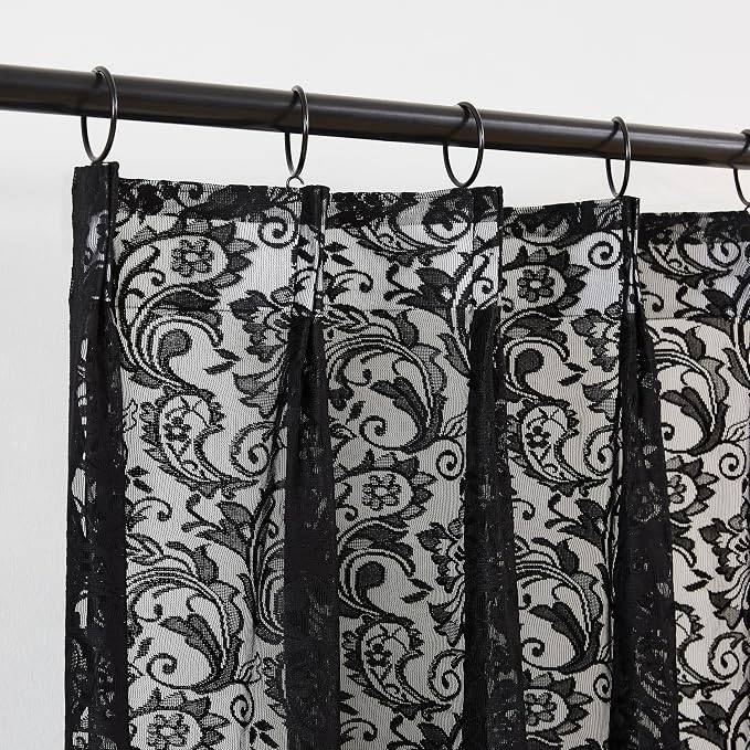 Bujasso Black Lace Pinch Pleat Curtains 90 inch, Gothic Vintage Floral Sheer - Image 9