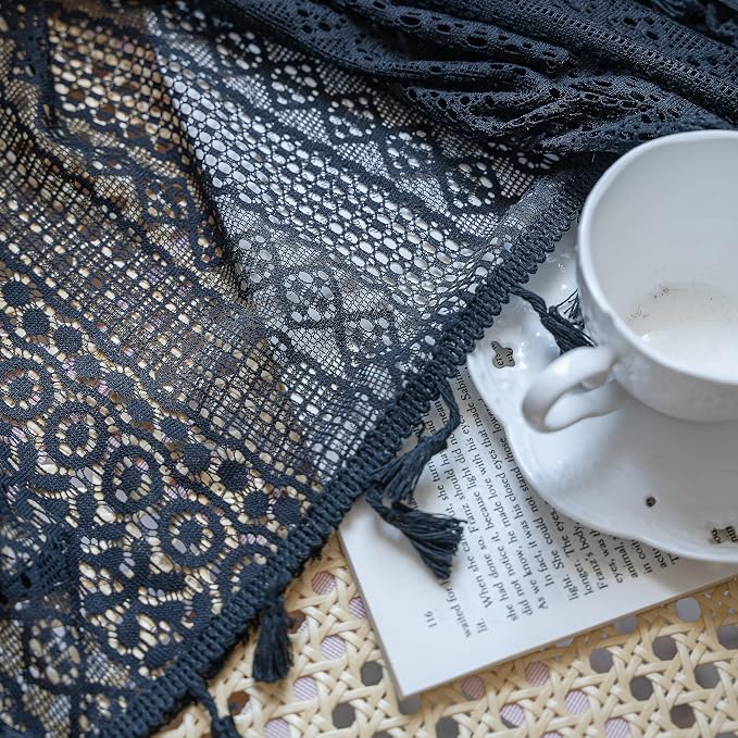 Sutuo Home Black Crochet Boho Curtain 63 Inches Length, Sheer Lace Handmade - Image 8